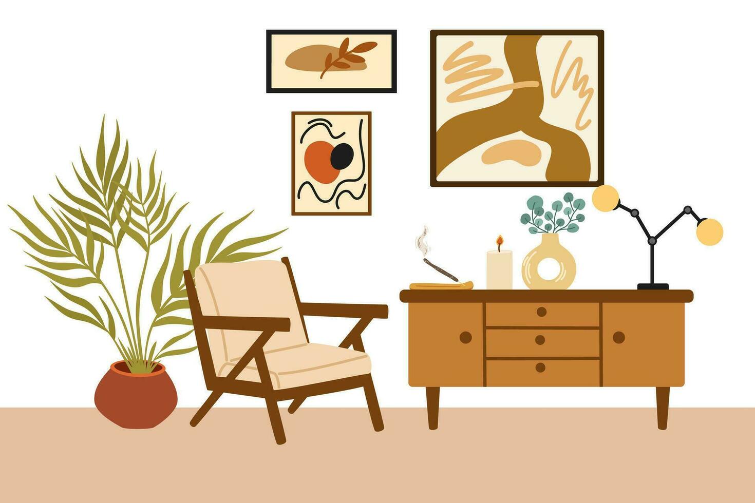 Living room modern interior. Furniture, armchair, house plant, chest of drawers, painting and lamp. Vector illustration of furniture for house isolated on white background.