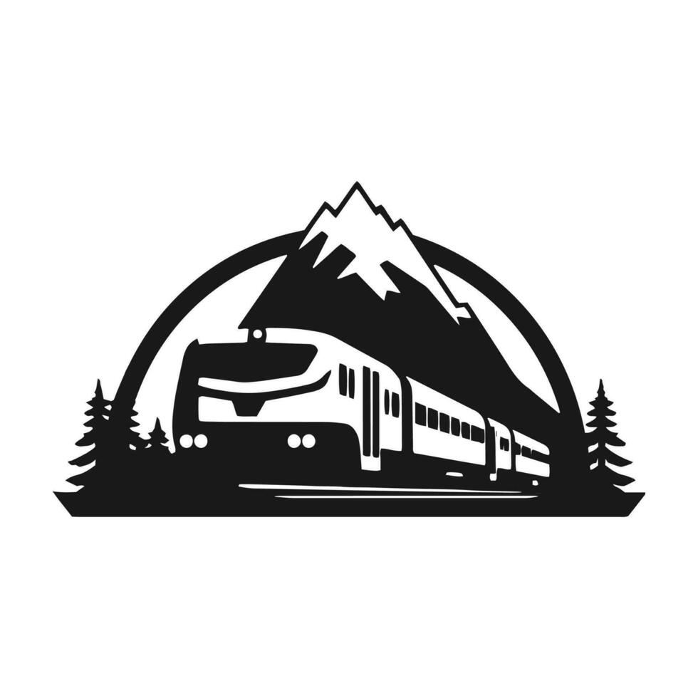 A logo of train in circle tram icon metro vector silhouette isolated design with mountain