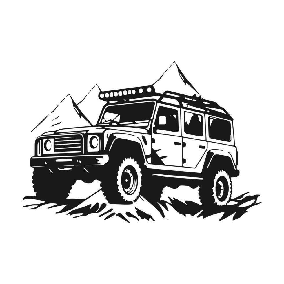 A logo of off road jeep 4x4 car silhouette visit mountain concept isolated icon vector