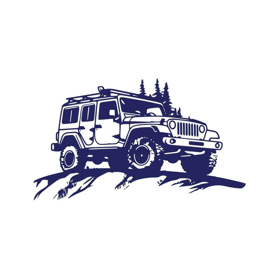 A logo of off road jeep 4x4 car silhouette visit mountain concept isolated icon vector with tree background.