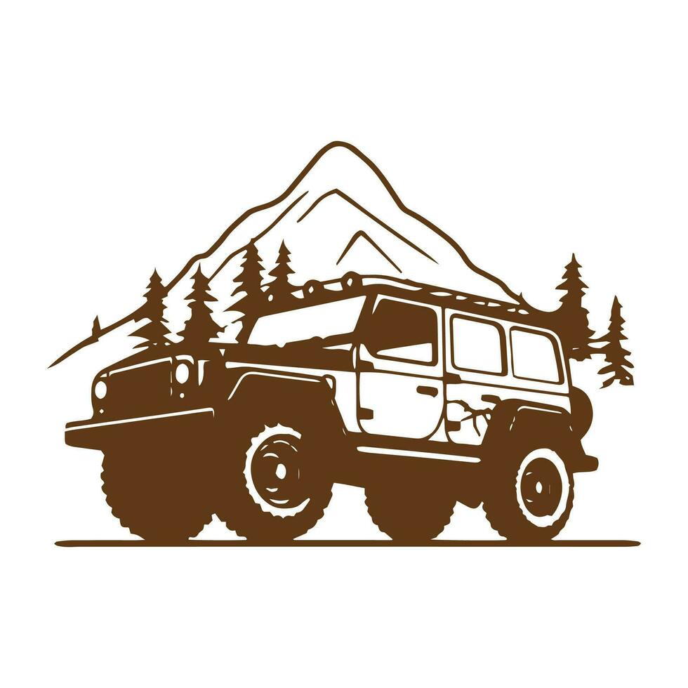 A logo of off road jeep 4x4 car silhouette visit mountain concept isolated icon long drive vector