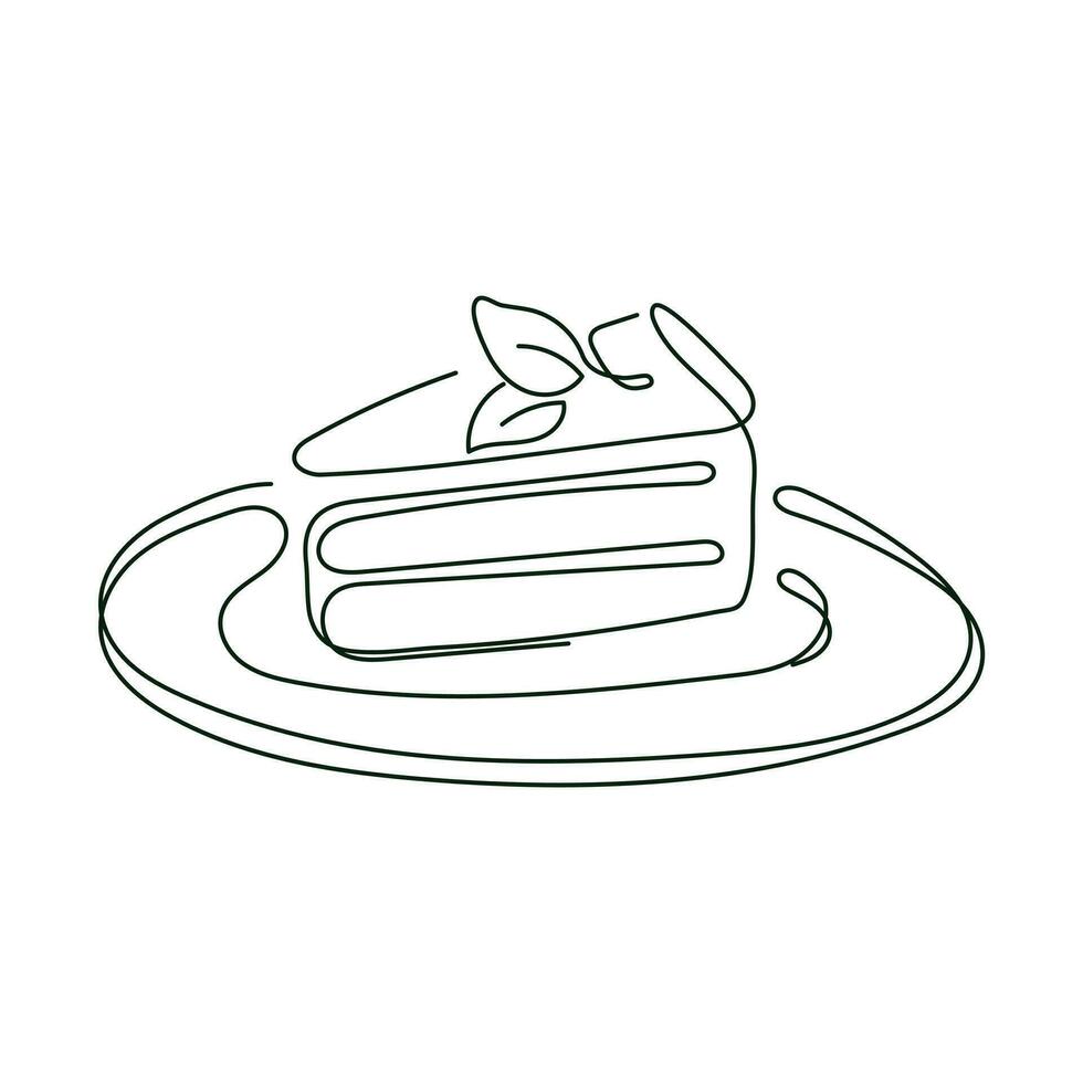A piece of cake on a plate with a mint leaf, vector isolated illustration in line-art style.
