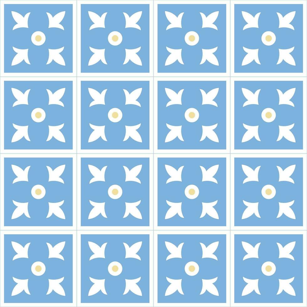 Traditional ancient greek or mediterranean ornament with square tiles, blue and yellow elements. Vector abstract seamless pattern.