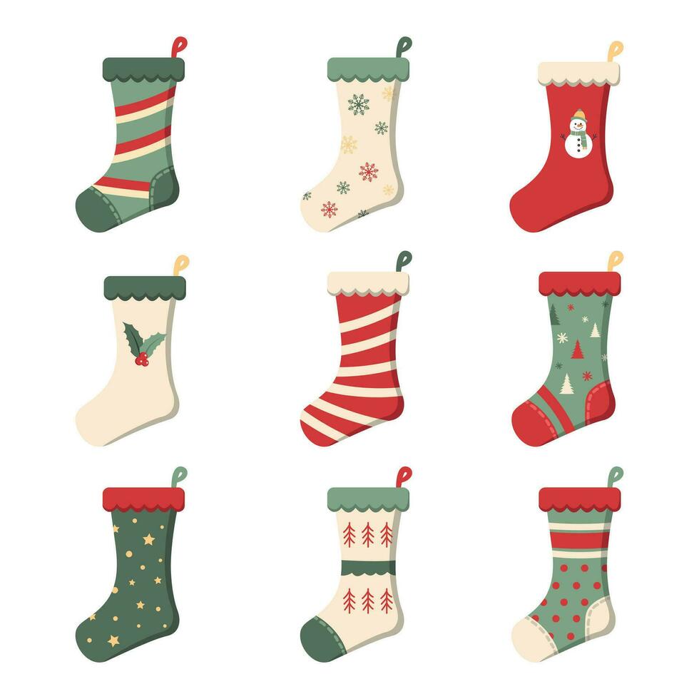 Three Christmas Stockings With Funny Drawings Stickers Cliparts For Xmas  Red Green Socks With Snowman Snowflakes Polar Bear In Hat Hanging Stockings  Isolated On White Background Vector Stock Illustration - Download Image