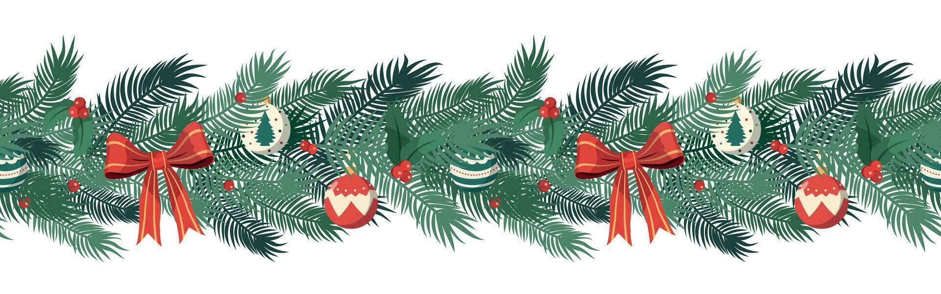Christmas horizontal seamless border with fir tree branches, bows and baubles. Vector illustration for Christmas and New Year. Isolated on white background