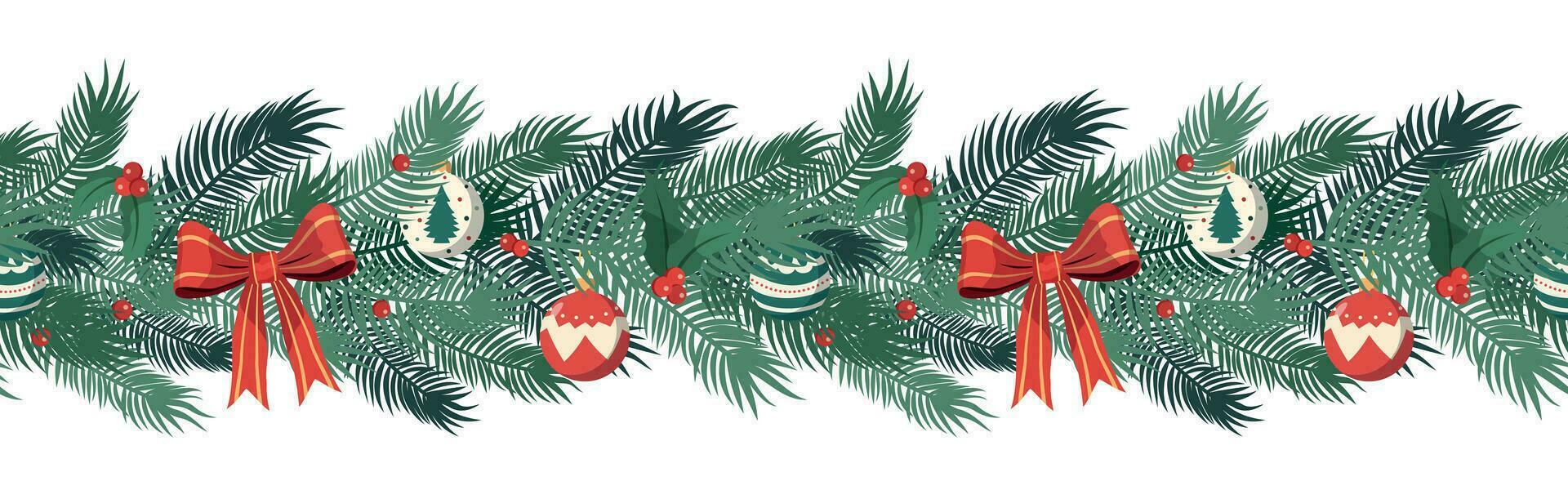 Navidad horizontal sin costura frontera con abeto árbol sucursales, arcos y adornos vector ilustración para Navidad y nuevo año. aislado en blanco antecedentes