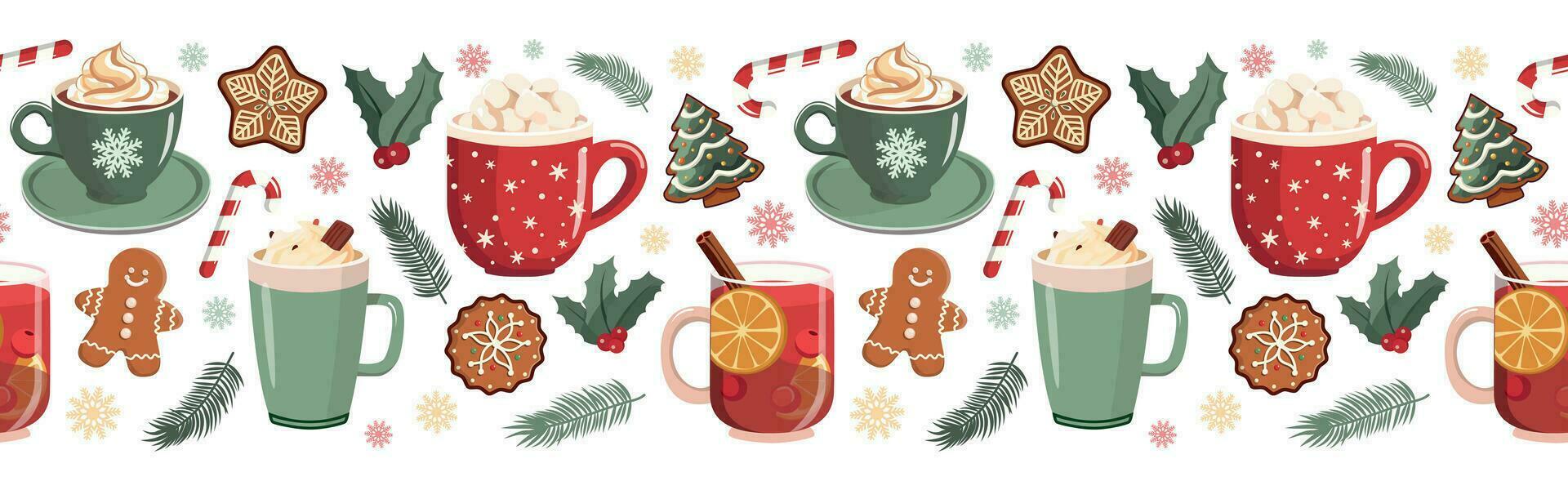 Christmas hot drink, gingerbreads seamless horizontal border with coffee, cacao, mulled wine. Winter hot beverage. Season graphic. Cute Christmas and New Year illustration vector