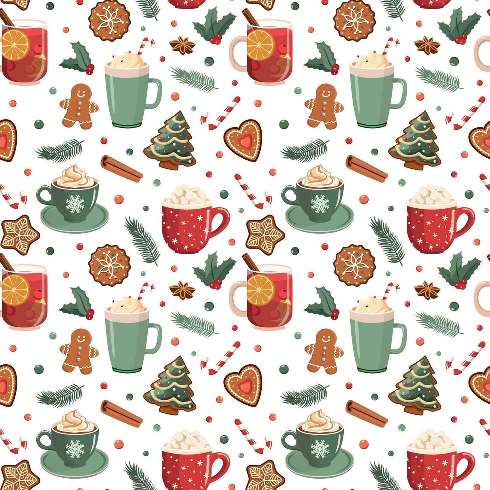 Christmas and winter holiday bakery, hot drinks seamless pattern. Cartoon gingerbread cookies. Christmas holiday themed digital paper. Isolated on white background. vector