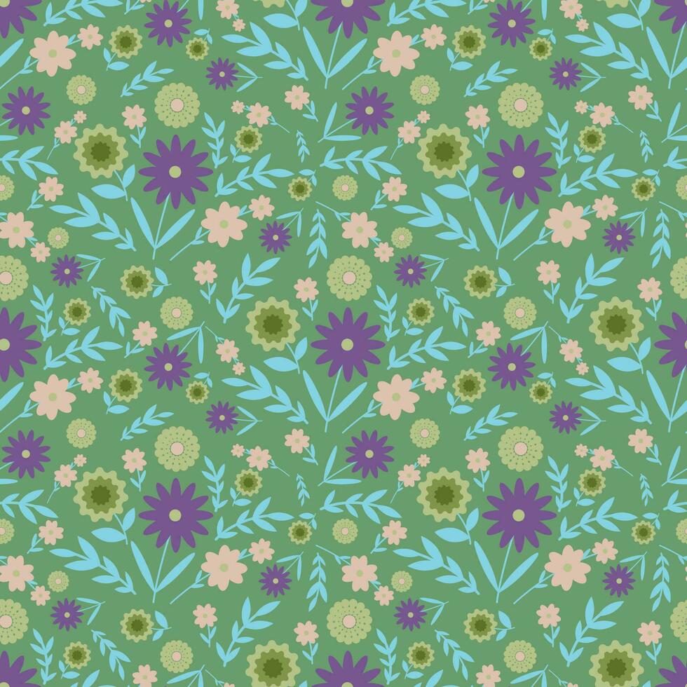 Seamless floral vector pattern. Surface design with small plants as flowers, leaves, twigs, isolated on a green background.