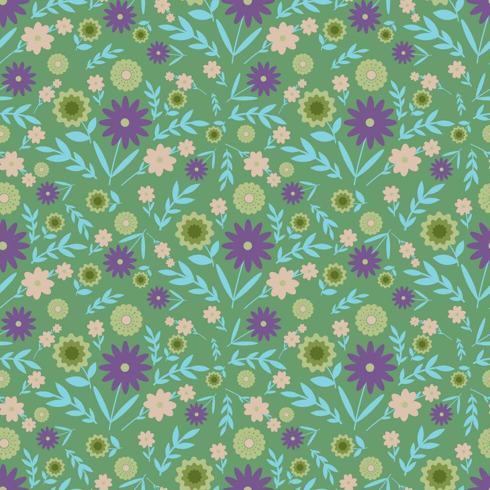 sin costura floral vector modelo. superficie diseño con pequeño plantas como flores, hojas, leña menuda, aislado en un verde antecedentes.