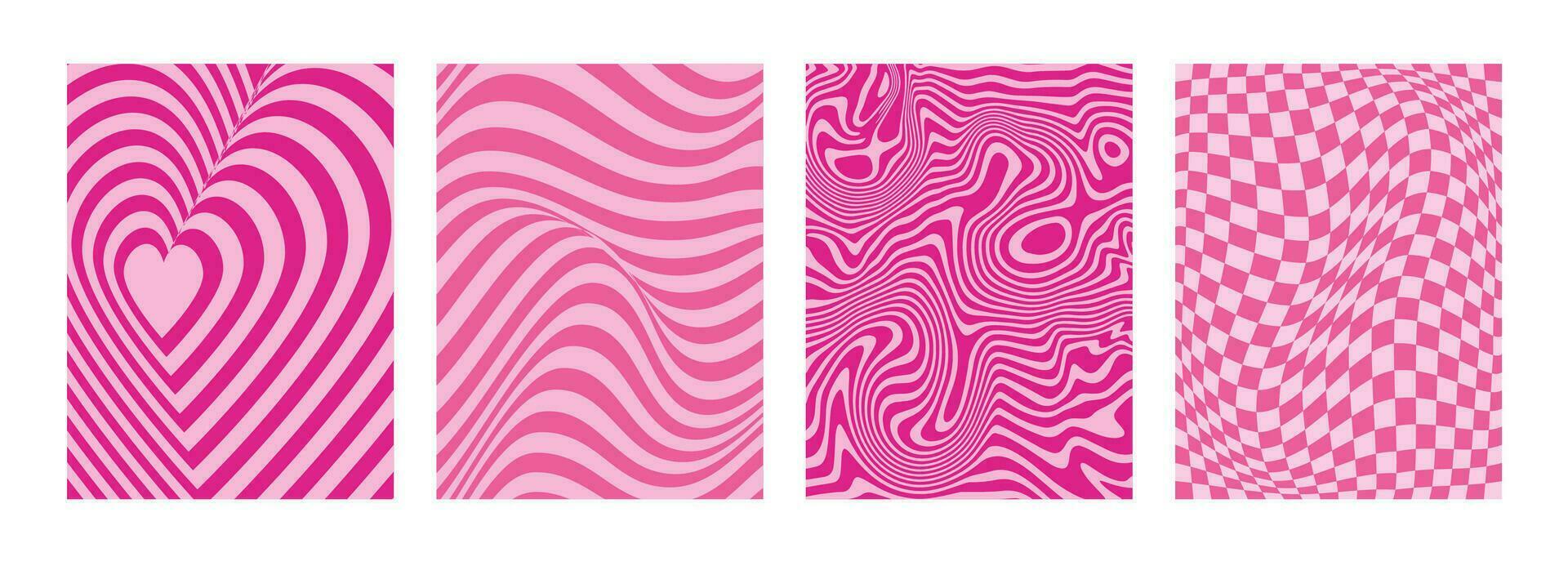 Psychedelic abstract pink background. Y2k glamour aesthetic. 2000s. Girly doll mood. Vibrant pink hypnotic illusions, swirls. Liquify waves. Groovy checkered board. Backdrop, banner, cover, card. vector