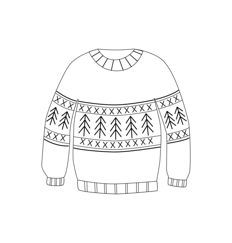 Ugly sweater in Scandinavian style with folk pattern. Winter cozy pullover,  jumper. Basic essentials. Cozy clothing. Line art. Linear drawing. Doodle,  icon. Christmas holidays. 33517706 Vector Art at Vecteezy