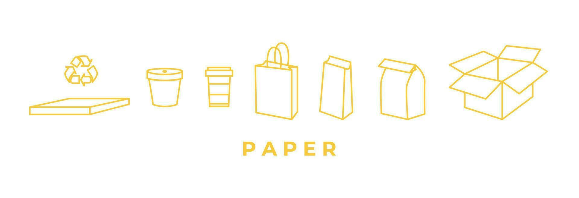 Recycling and sorting of paper waste. Pizza box, paper cup, bag, cardboard box. Linear icons. Garbage sorting and segregation. Ecology. Editable strokes. Line art, doodles. vector