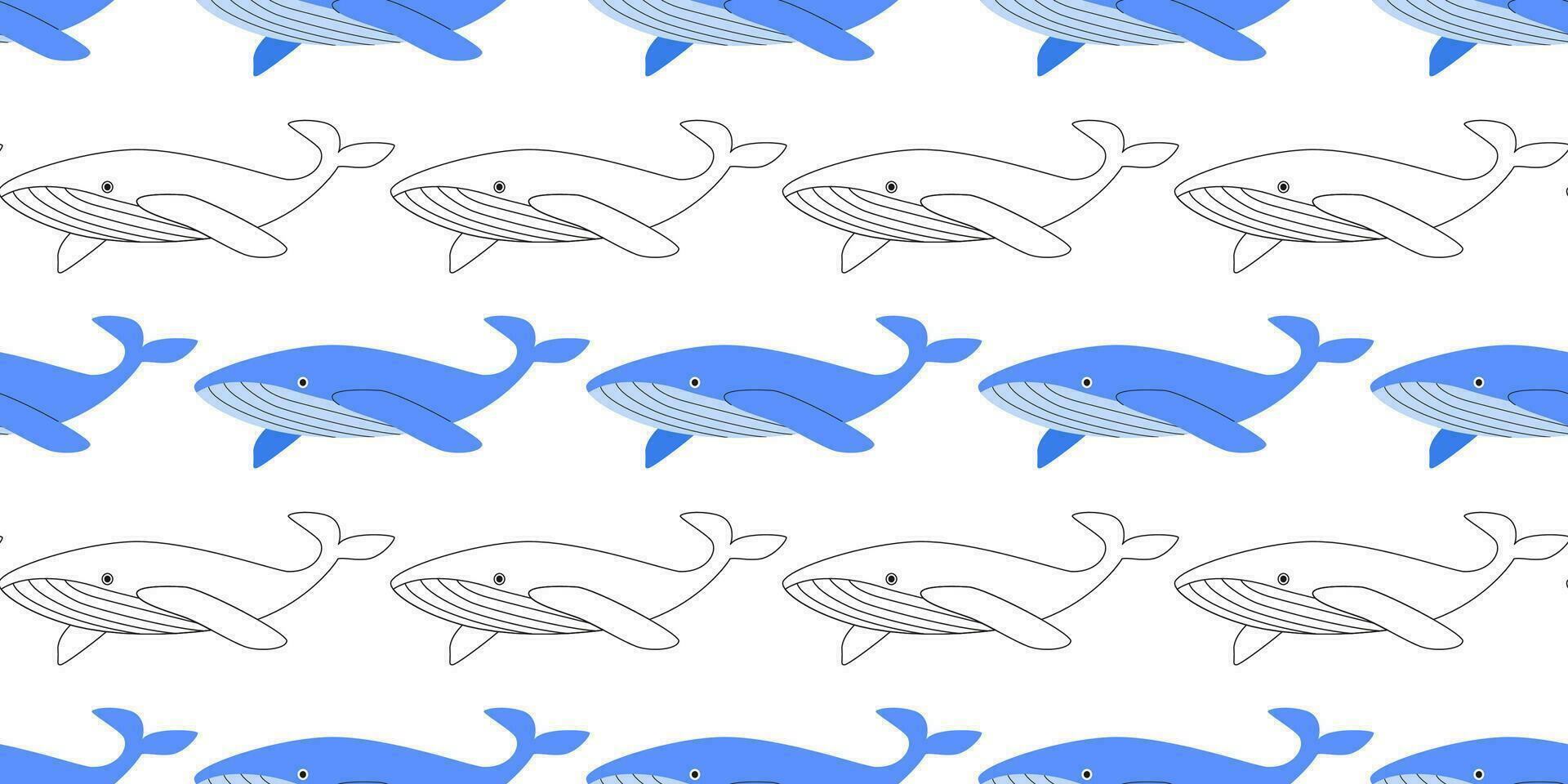Blue whale seamless pattern. Sea animal. Undersea life. Flat and outline drawing. World whale day. Save the ocean. Defense day. Background, banner, digital paper. vector