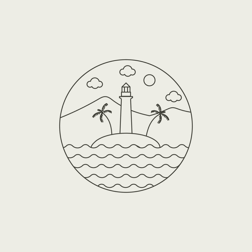 Line art vector of lighthouse building with natural landscape linear lighthouse marine and ocean. - Vector.