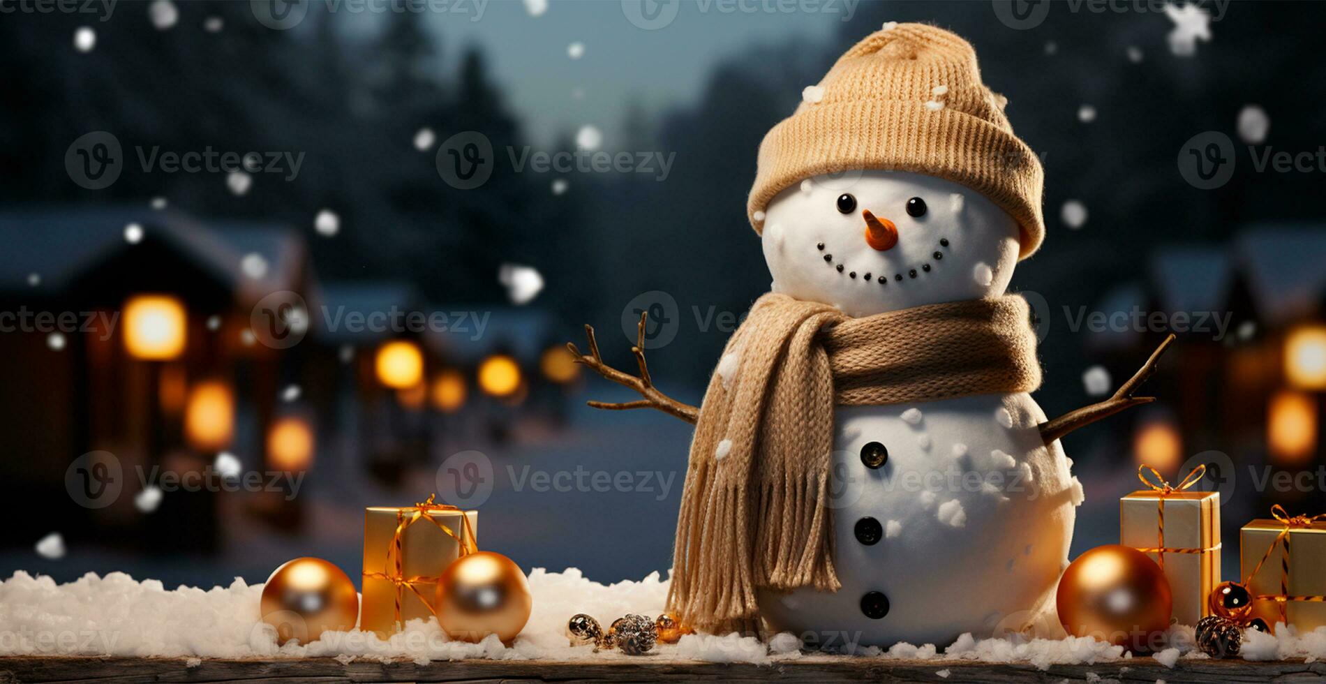 Festive New Year's snowman, Christmas background postcard - AI generated image photo