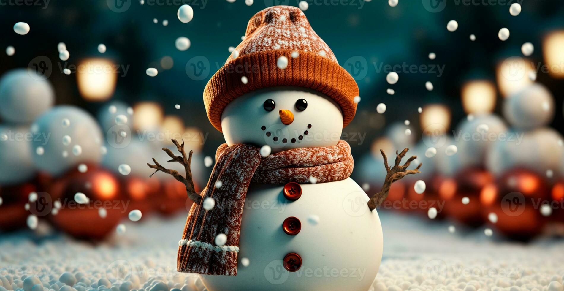 Winter holiday christmas background banner - Close-up of snowmen on snowy bokeh background - AI generated image photo