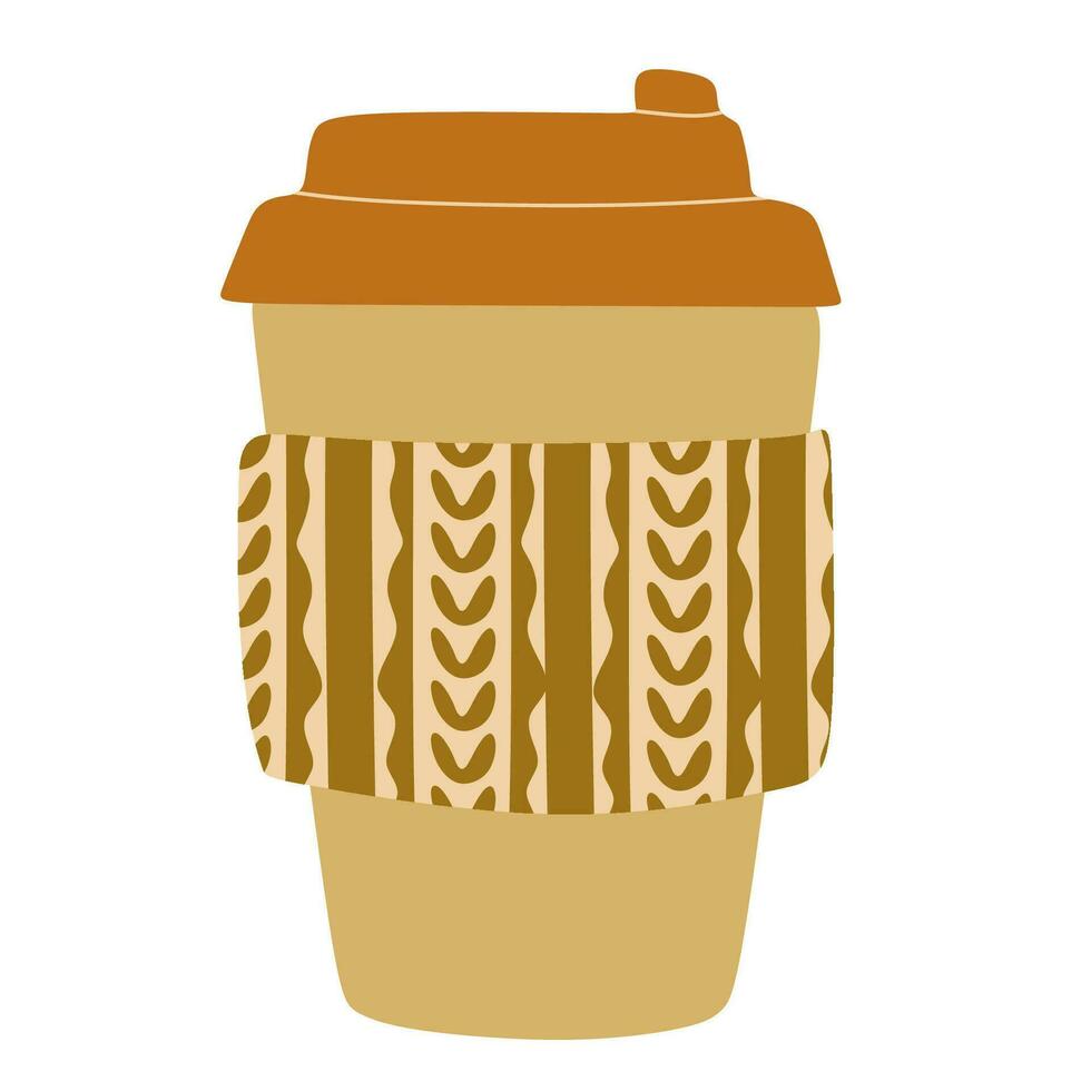 Paper Cup of Coffee with a lid in a Knitted scarf. Vector, white background, isolated illustration. Flat style Takeaway Hot drink in Warm Autumn colors. Design art for Cafe Menu, Perk, Card, Banner vector