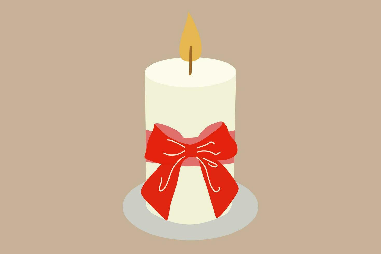 Christmas candle with Red Ribbon Bow. Xmas Vector illustration, Burning white Candle, Isolated Holiday object. Candlestick with flame, Warm and Cute Decoration, Birthday Card template, Design element