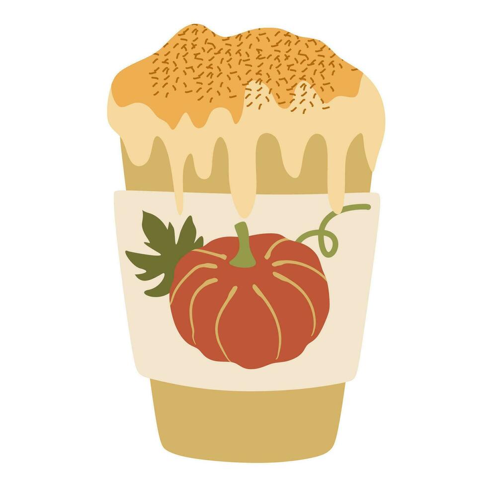Autumn Pumpkin Spice latte with Whipped cream in paper cup with lid. Flat vector illustration isolated on white. Hot coffee to go. Fall season Warming sweet drink. Cartoon Takeaway cappuccino