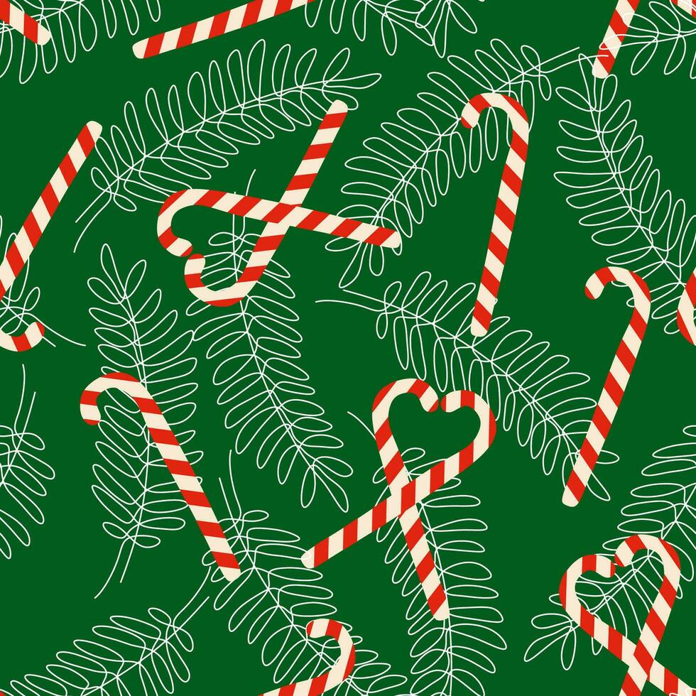 Vector Candy canes seamless pattern with Outline fir branches. Flat style illustration for Christmas Wrapping paper, Fabric, Textile, Greeting card. Seasonal holiday Decoration with sweets.