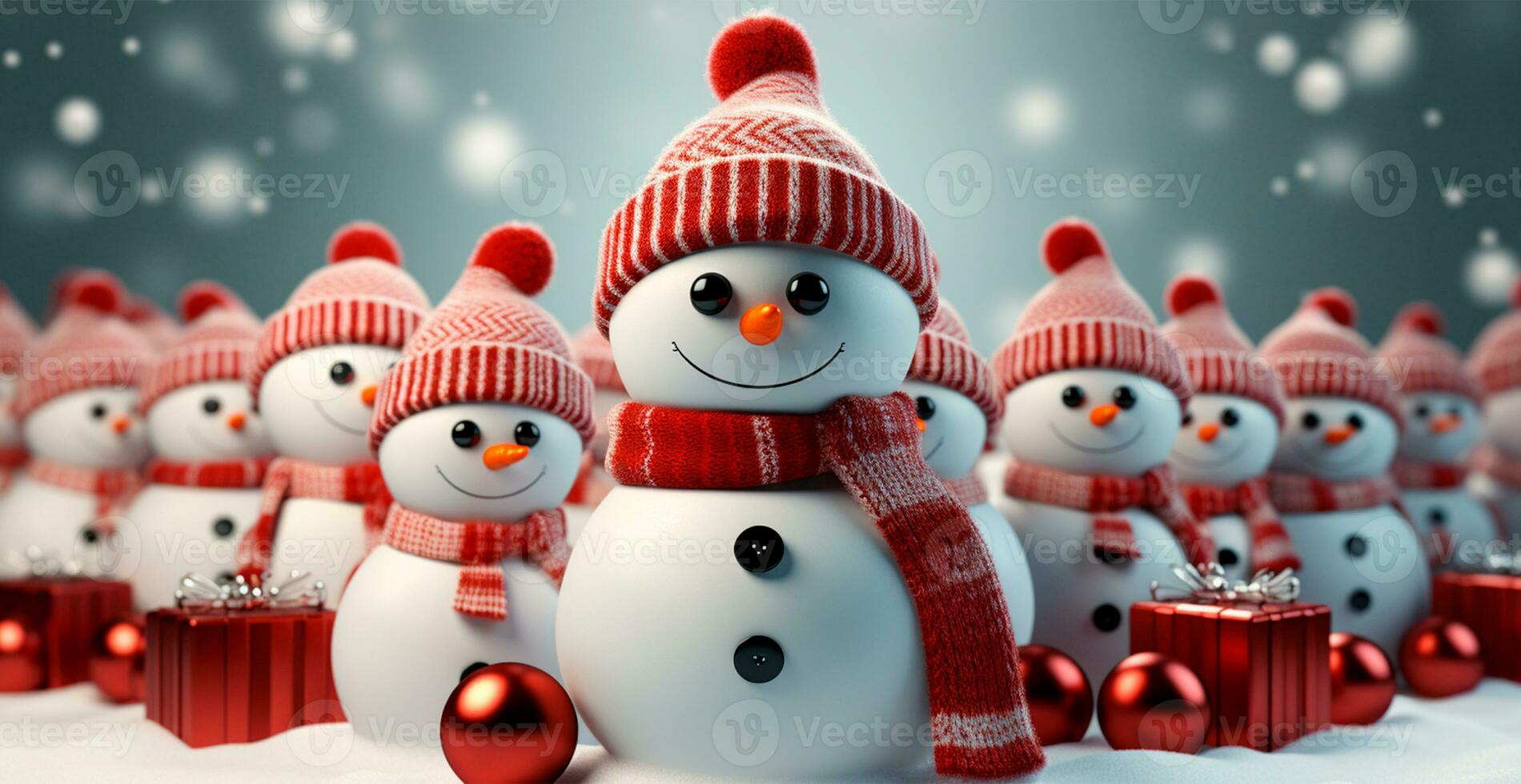 Winter holiday christmas background banner - Close-up of snowmen on snowy bokeh background - AI generated image photo