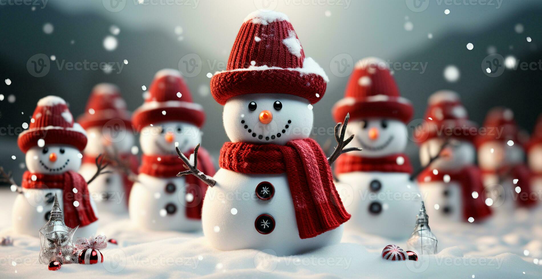 Winter holiday christmas background banner - Close-up of snowmen on snowy bokeh background - AI generated image photo