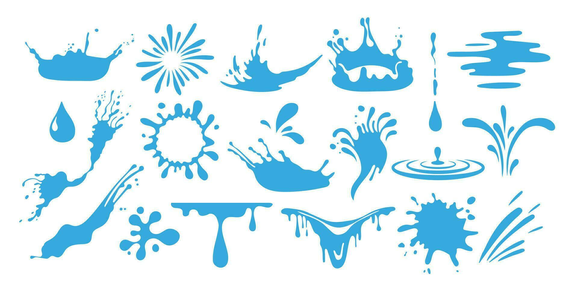 Water splashes collection in a flat design. Set of water splash.Blue dripping water drops, splashes, sprays and tears. Liquid flow, wave, stream and puddles. vector