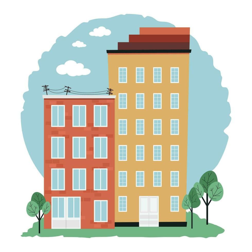 Urban space high-rise buildings green trees around. European city. Vector illustration in flat style