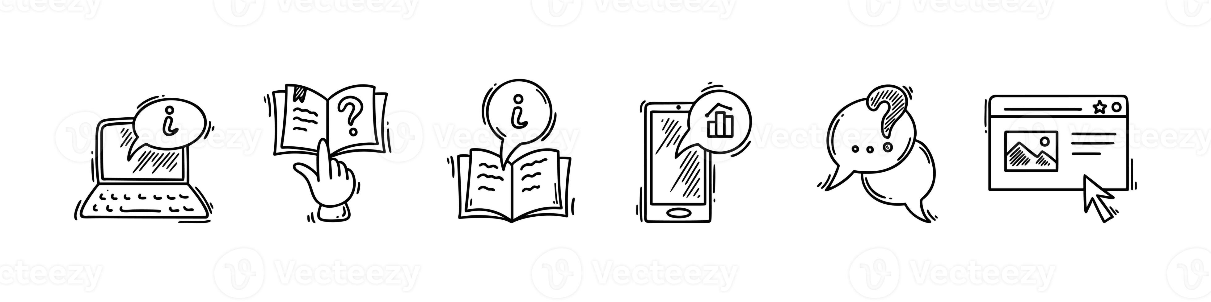 Doodle faq icons set. Ask question and answers information web page. Guidebook, customer support chat, analytic statistic application sketch line symbols. photo
