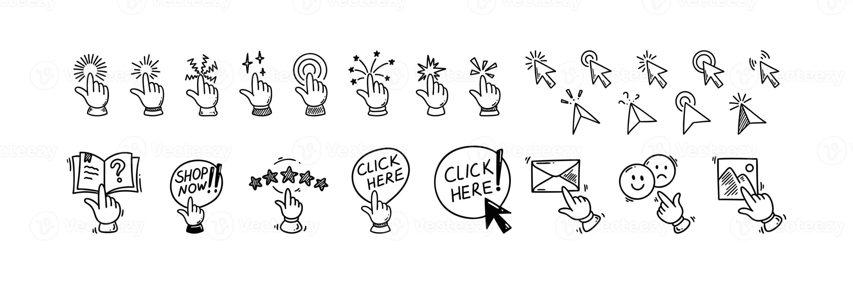 Doodle click icons set. Hand finger cursor pointer. Enable notifications. Customer five star rating and testimonials. Shop now and click here buttons. Subscribe to newsletter. Follow social media. photo