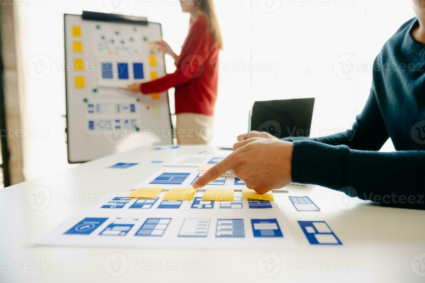 UX graphic designer planning application process development prototype wireframe for web smart phone. Creative digital development agency. photo