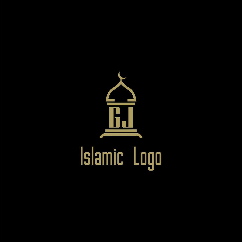 GJ initial monogram for islamic logo with mosque icon design vector