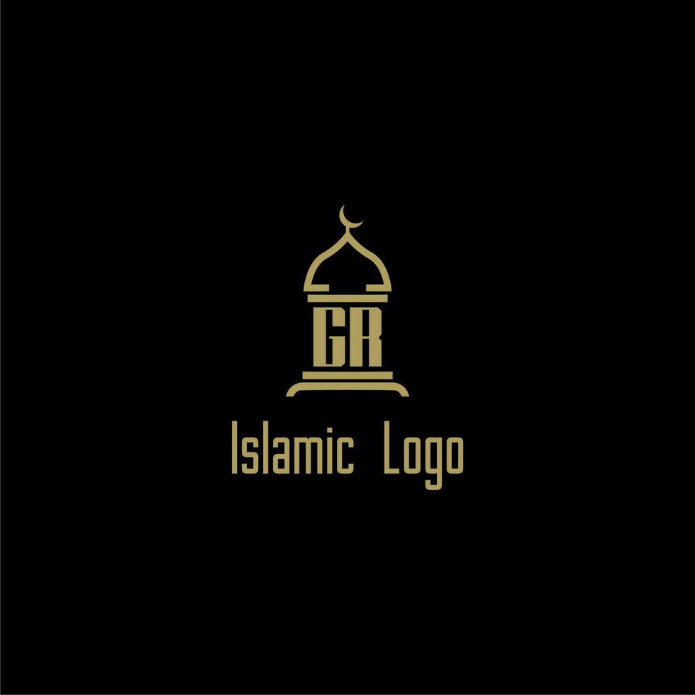 GR initial monogram for islamic logo with mosque icon design vector