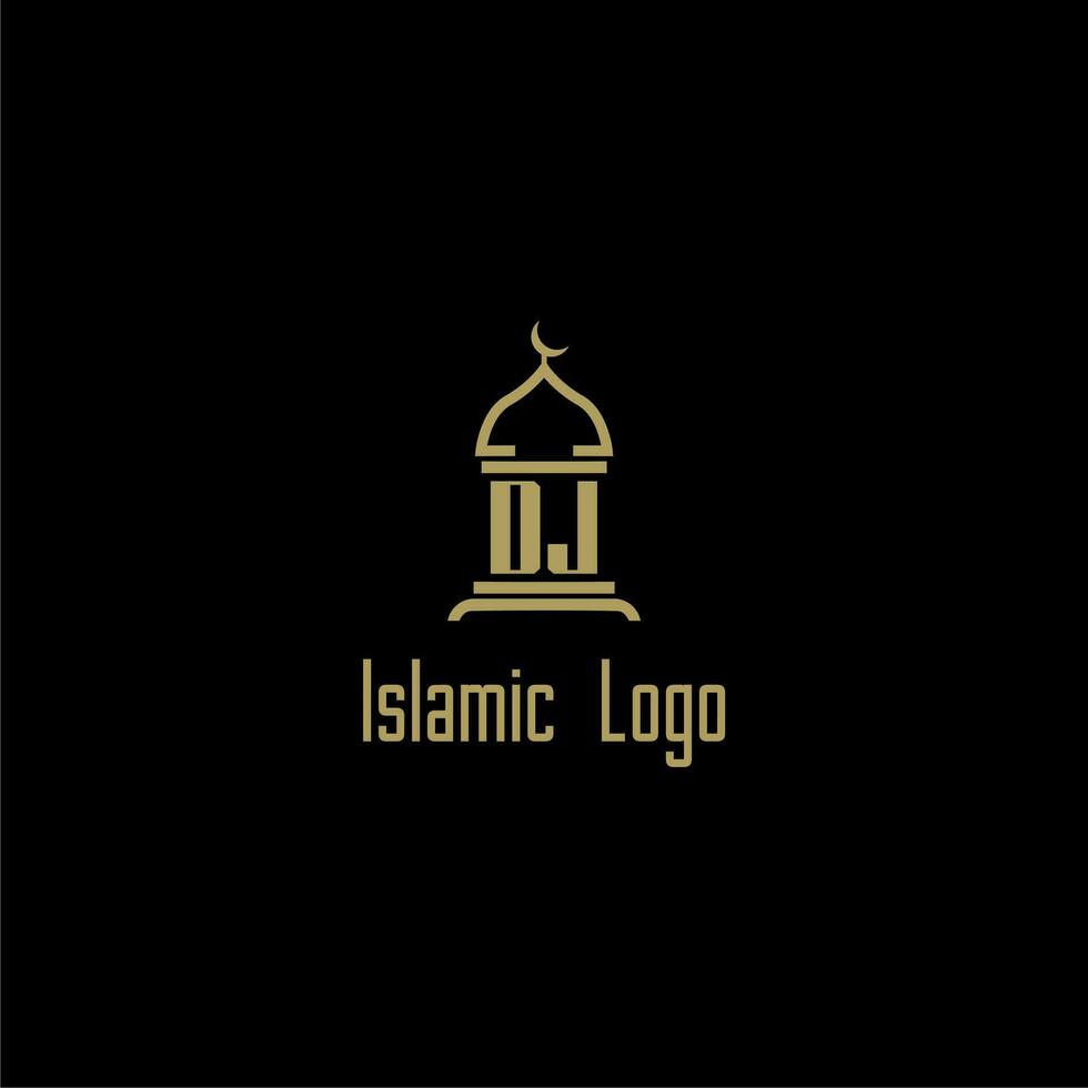 DJ initial monogram for islamic logo with mosque icon design vector