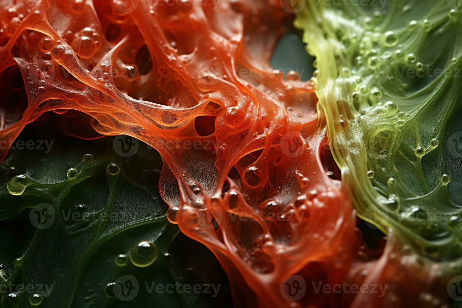 Extreme closeup of green and red seaweeds showing the texture of it. Abstract background with macro sea life. AI Generation photo