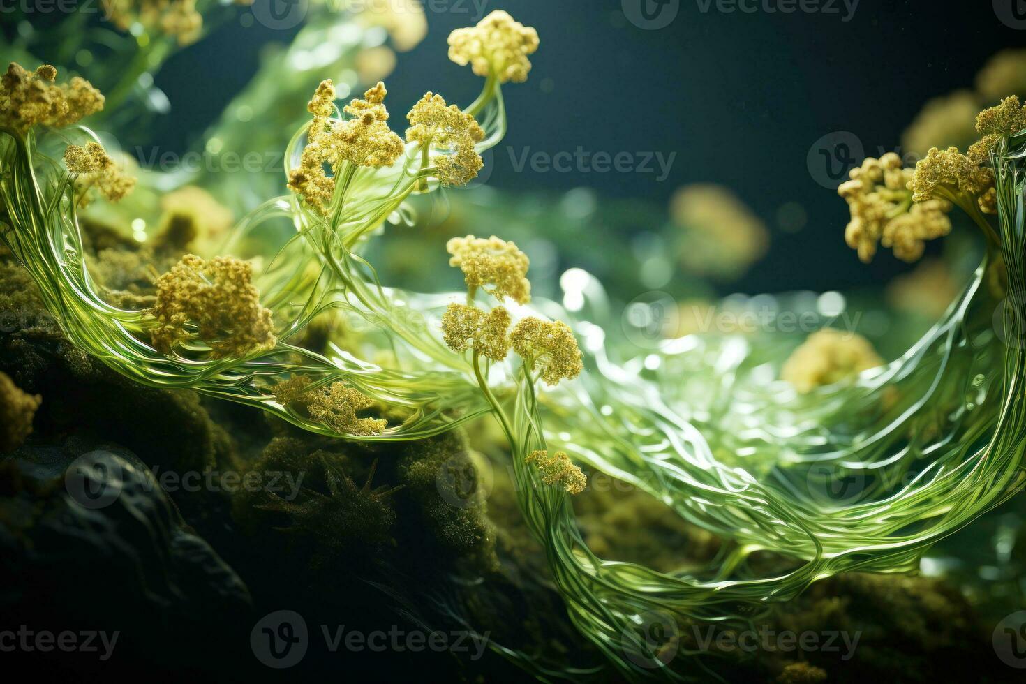 Extreme closeup of green marine algae. Abstract background with macro sea life. AI Generation photo