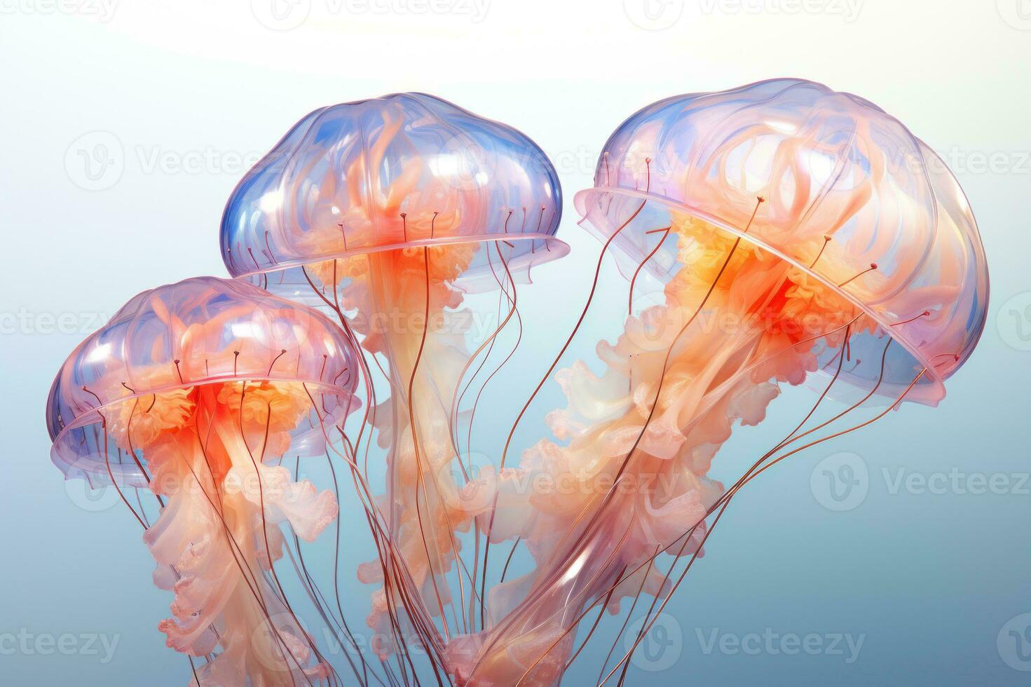 Group of grace jellyfishes in gentle pastel colors on light blue background. AI Generated photo