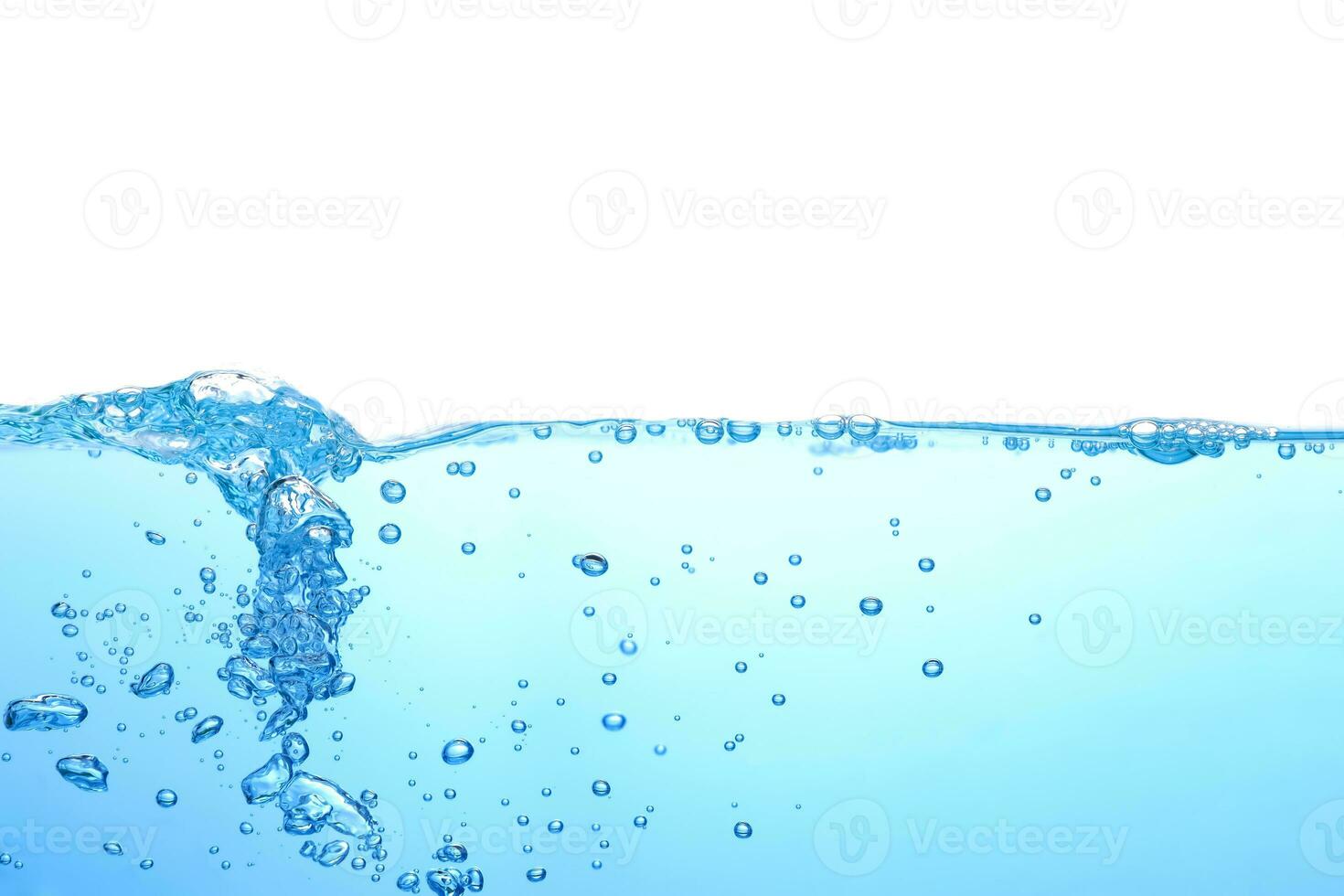 water splash with air bubbles. Fresh and clean surface aqua flowing in wave and clean water on white background isolated. close-up photo