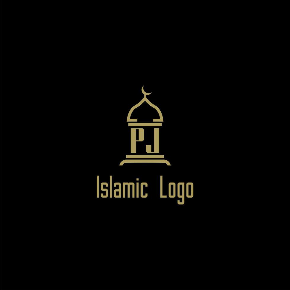 PJ initial monogram for islamic logo with mosque icon design vector