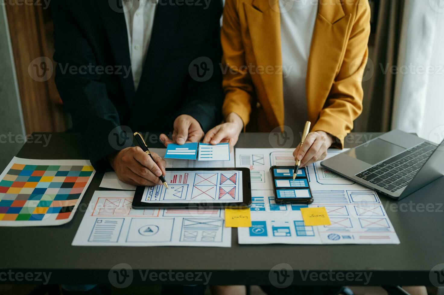 UX graphic designer planning application process development prototype wireframe for web smart phone. Creative digital development agency. photo