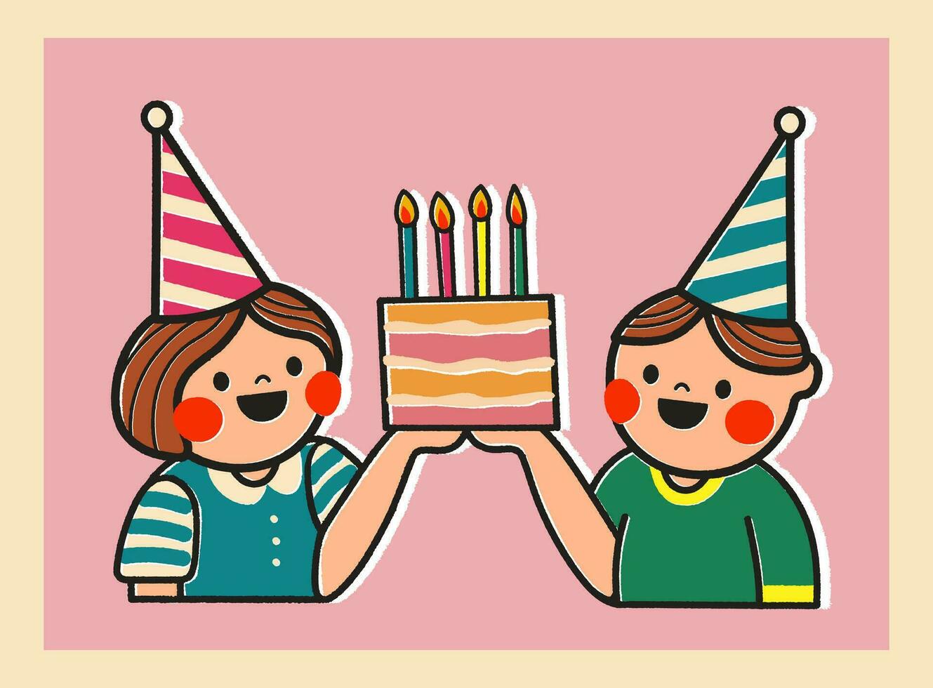 Birthday card with cartoon girl and boy holding a cake illustration on pink background. Sticker style greeting card in retro style. Cute postcard for child or design for your brand. vector