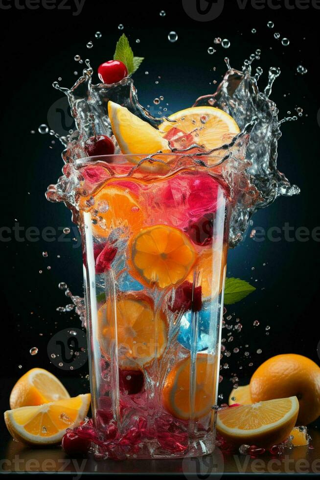 vistoso cóctel con hielo, fruta, salpicaduras en un oscuro antecedentes generado por artificial inteligencia foto