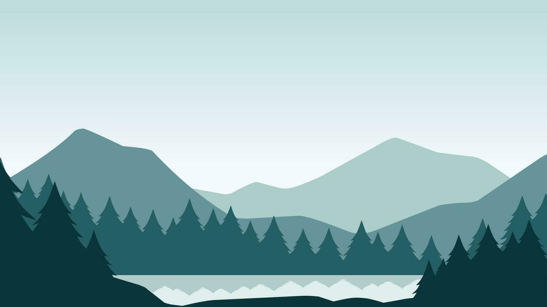 pino bosque paisaje vector ilustración. silueta de conífero paisaje en el lago. pino bosque lago paisaje para fondo, fondo de pantalla o aterrizaje página