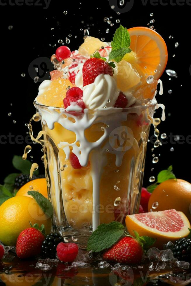 milkshake in a clear glass of fruit in the background with milk splashes and drops Generated by Artificial Intelligence photo