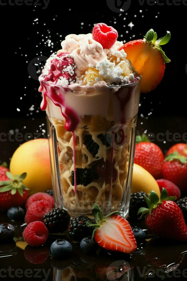 milkshake in a clear glass of fruit in the background with milk splashes and drops Generated by Artificial Intelligence photo