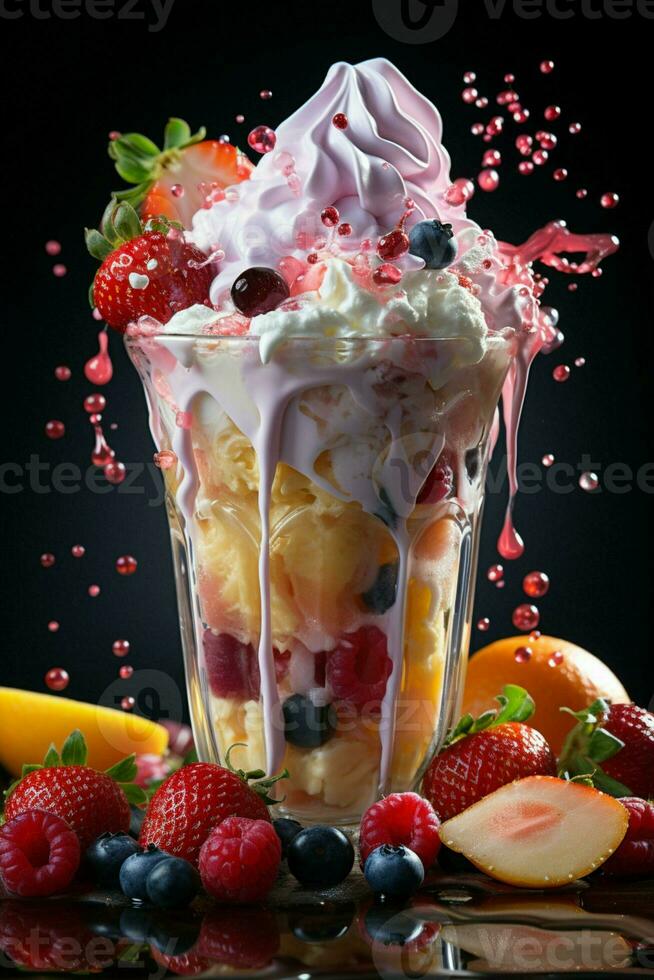 milkshake in a clear glass of fruit in the background with milk splashes and drops Generated by Artificial Intelligence photo