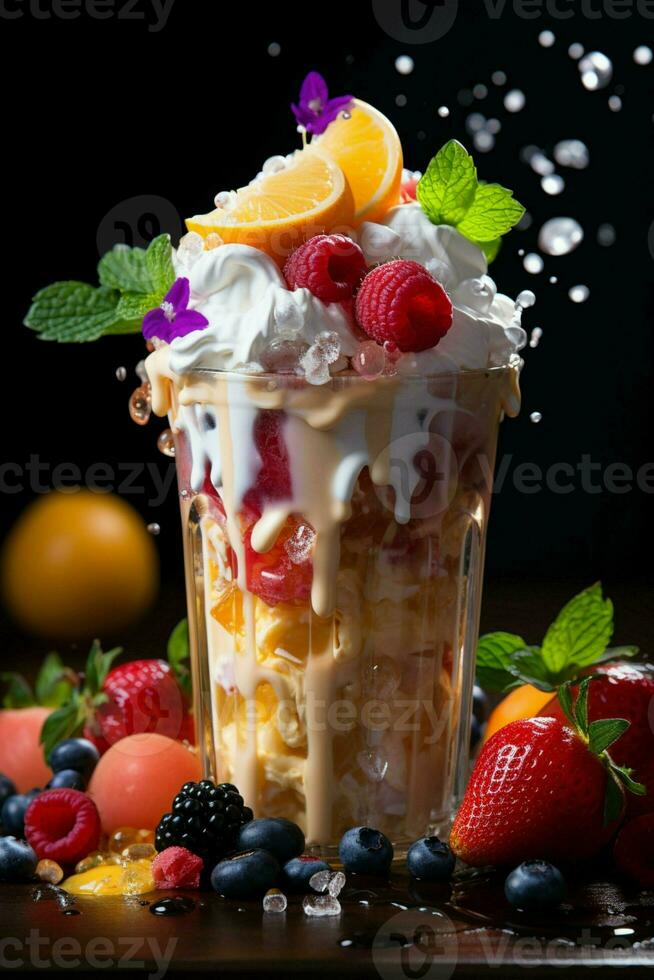 milkshake in a clear glass of fruit in the background with milk splashes and drops Generated by Artificial Intelligence photo