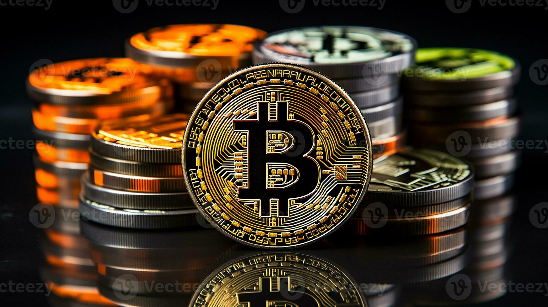Bitcoins on the table, cryptocurrency background image, AI Generated photo