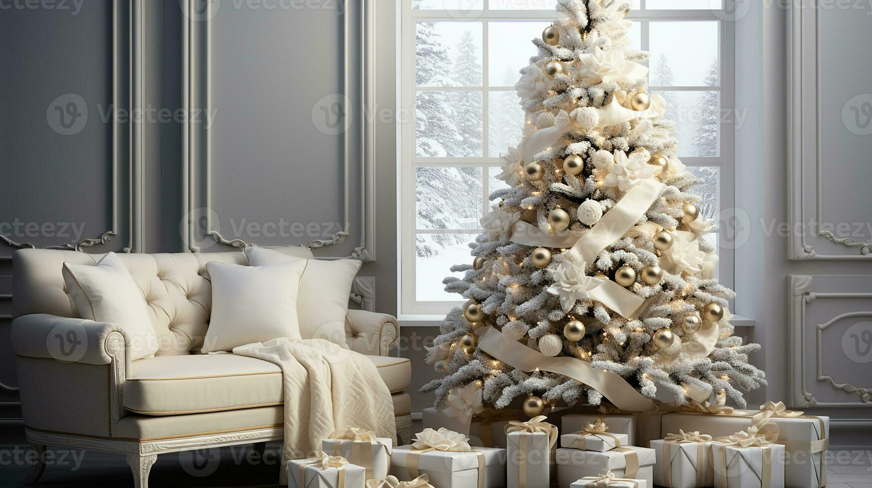 White Christmas tree with gifts, winter season background, AI Generated photo